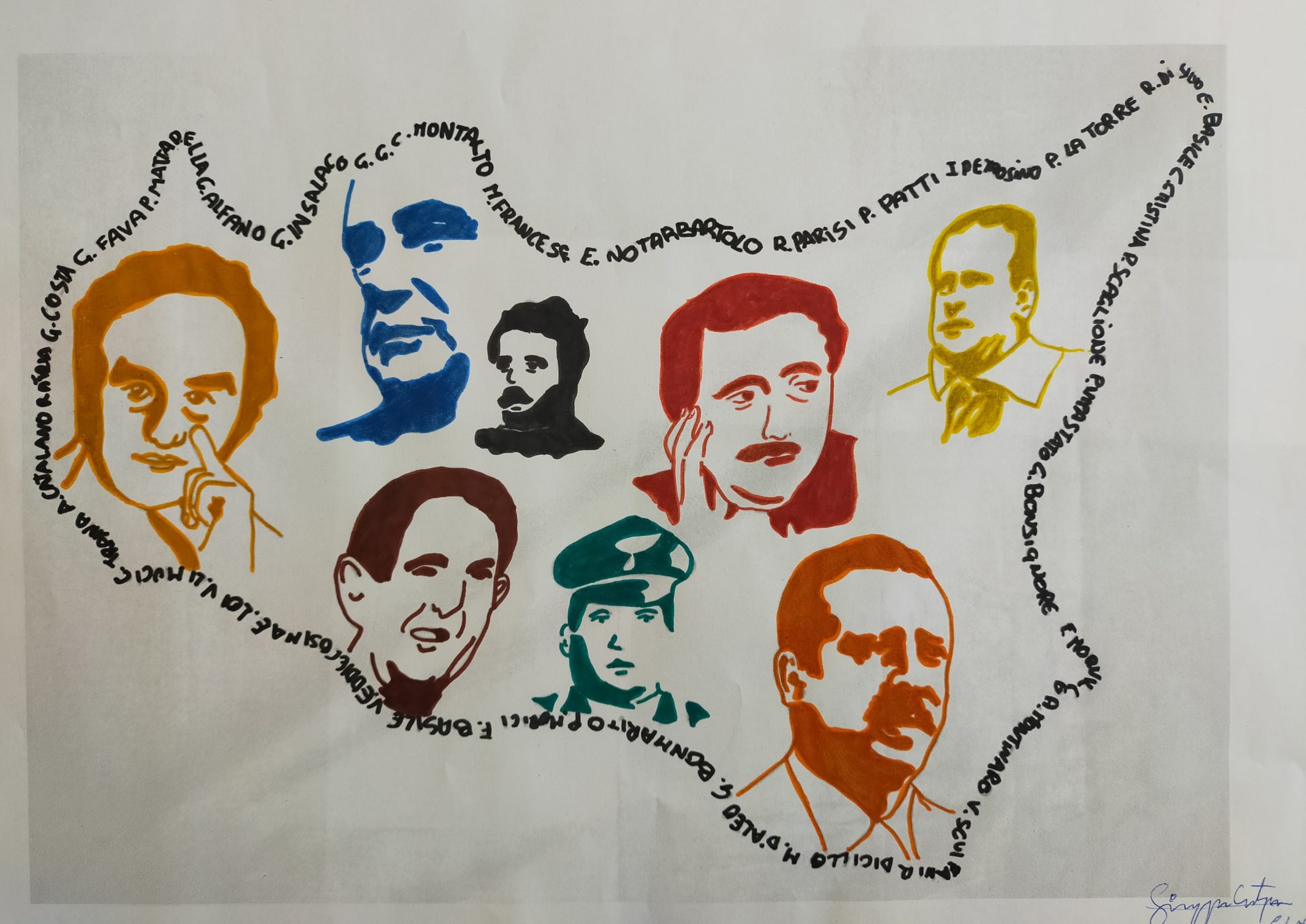 disegno realizzato dall'allievo del cirpe che rappresenta la sicilia con i volti di tutte le persone che hanno contrastato la mafia